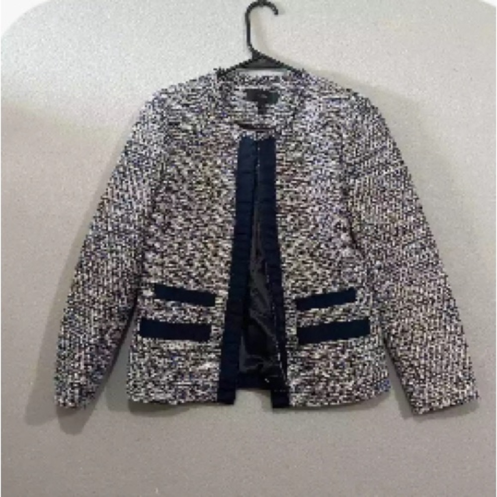 J Crew Womens Metallic Tweed Jacket With Grosgrain Trim Size 0 Blazer